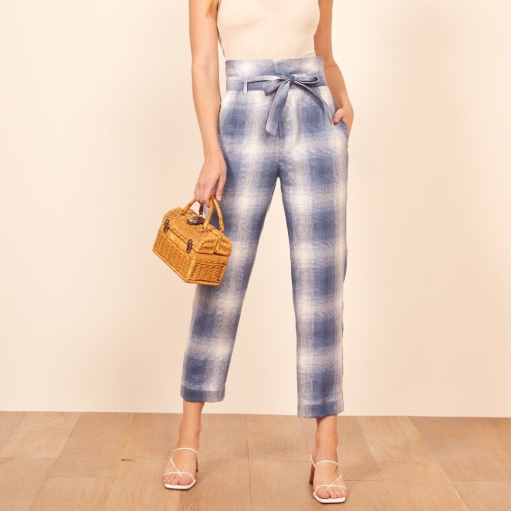 Reformation Bristol Linen Blue Plaid Paper Bag High Waist Pants Trousers Size 4